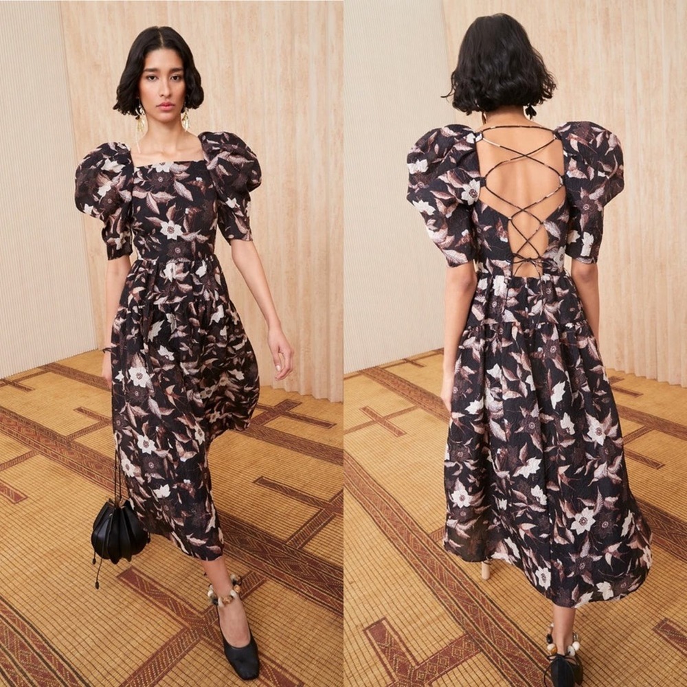 Ulla Johnson Black and Pink Floral Midi Dress
